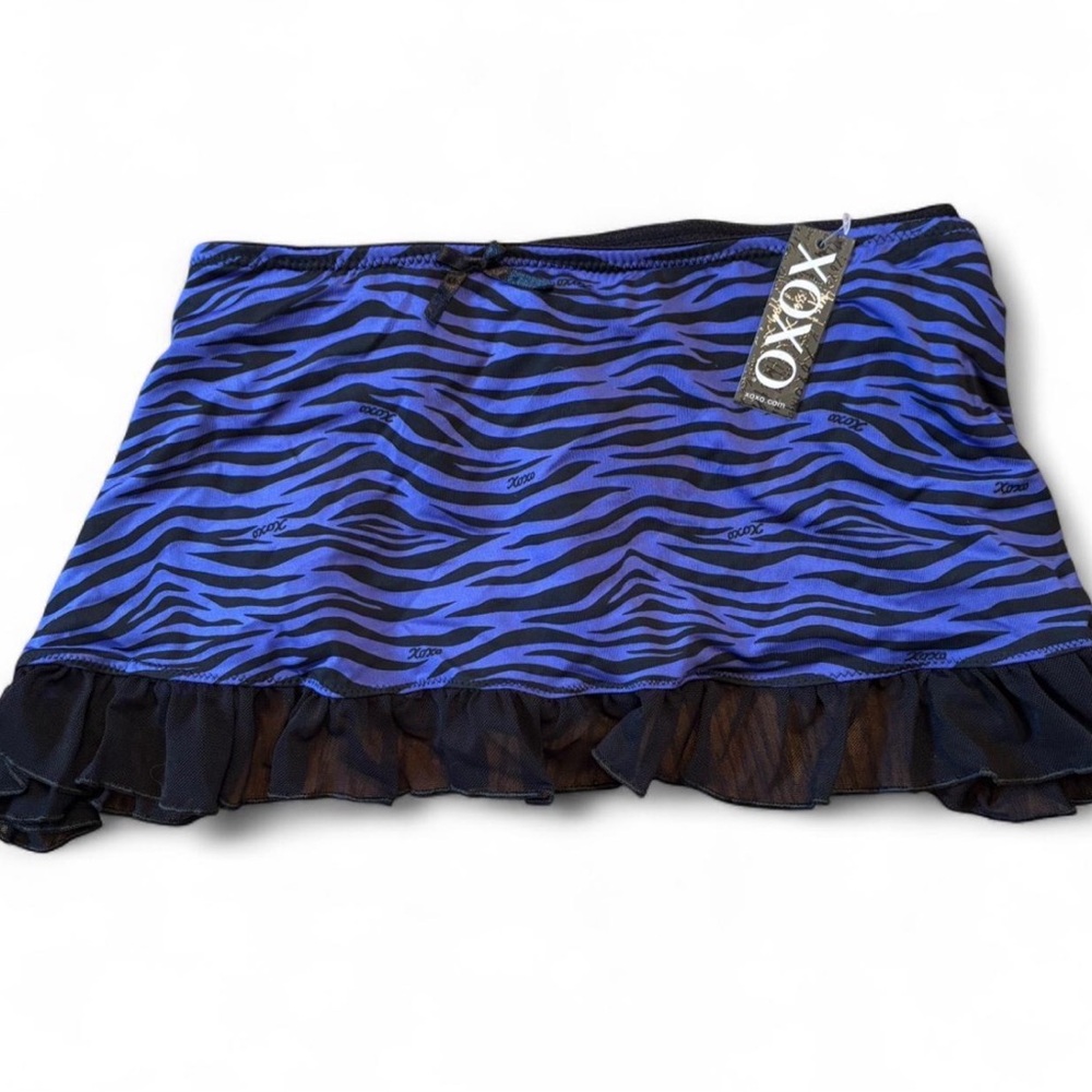 XOXO Women’s 2X Plus Blue & Black TigerStrip Skirted Thong w/ Sexy Black Ruffles - Picture 2 of 9